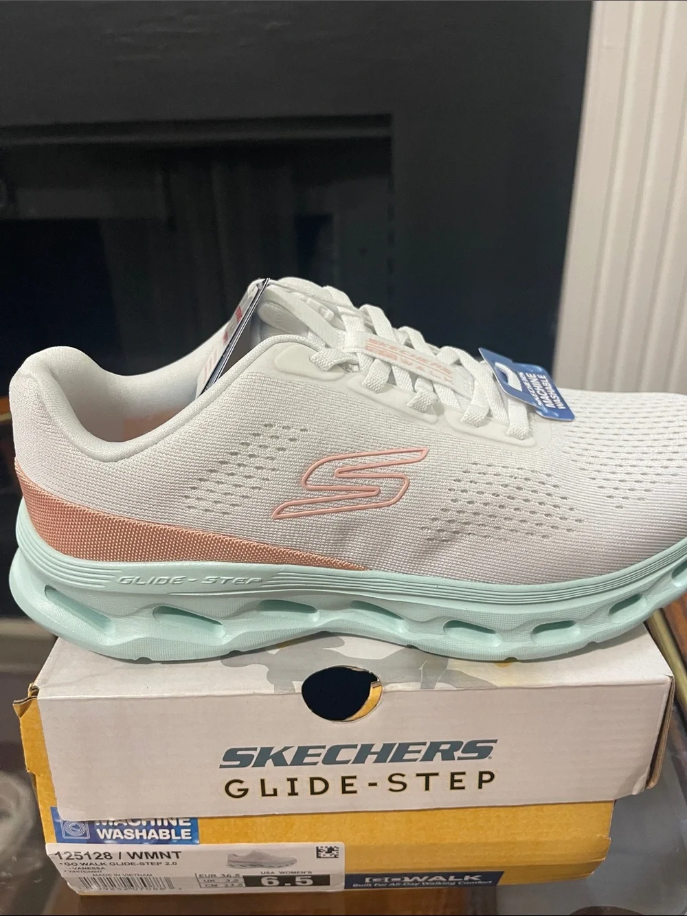 Skechers Women's White Athletic Sneakers with Mint Sole and Peach Accent